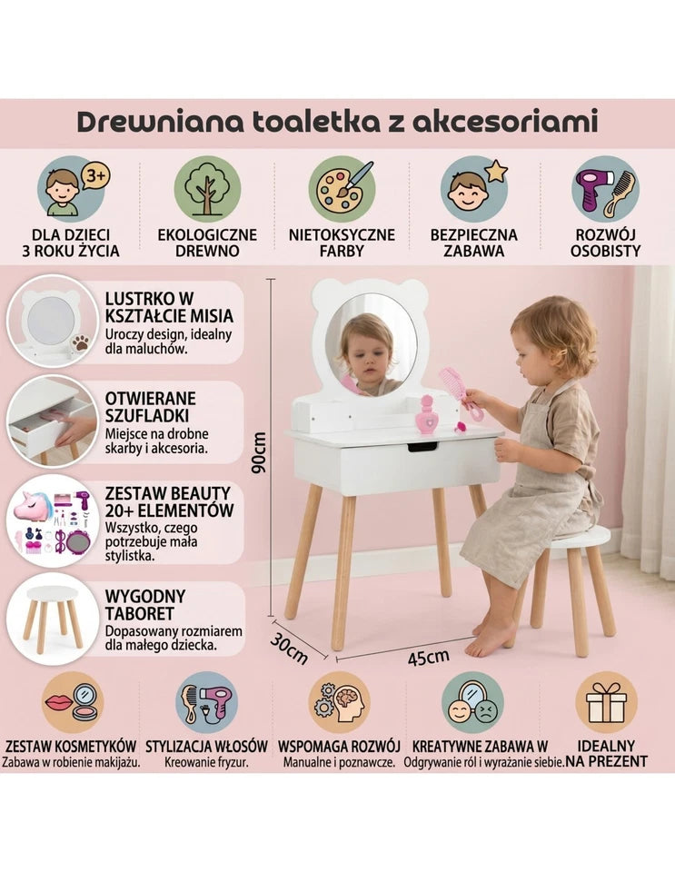 specchiera giocattolo specchio tavolo da trucco e accessori unicorno per bambine in legno