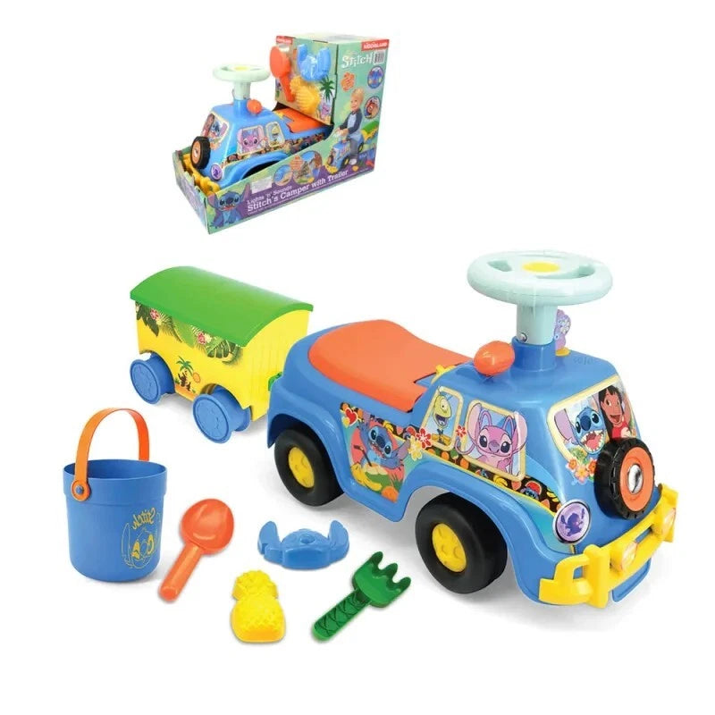 Ride on bambini disney stitch auto a spinta cavalcabile con rimorchio paletta secchiello mare