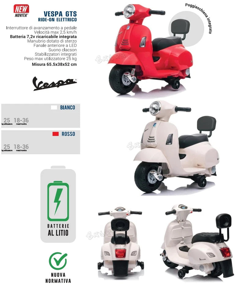 Scooter Elettrico per Bambini 1 - 3 Anni con Luci Led e Suoni Vespa GTS 7,2V