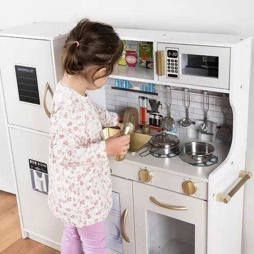 CUCINA PER BAMBINI IN LEGNO BIANCO CUCINA GRANDE con FRIGO FORNO pentole e luci