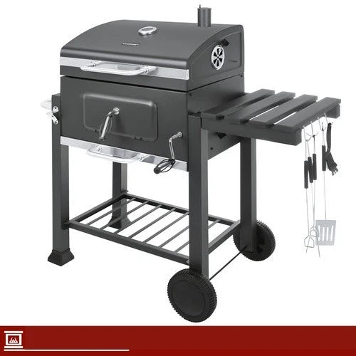 bbq barbecue carbone carbonella griglia ghisa + coperchio soffiatore accessori