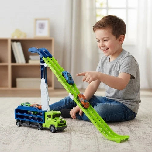 Camion giocattolo bambini con 6 auto in metallo a retrocarica pista garage gioco