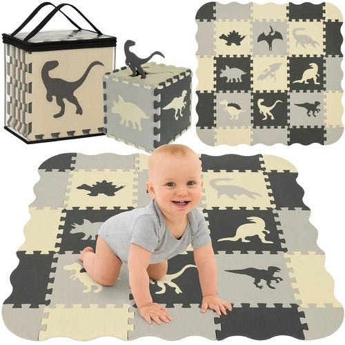 TAPPETO PUZZLE DINOSAURI GRANDE IN GOMMA PER BAMBINI SET 25 PEZZI TOT CM.106X106