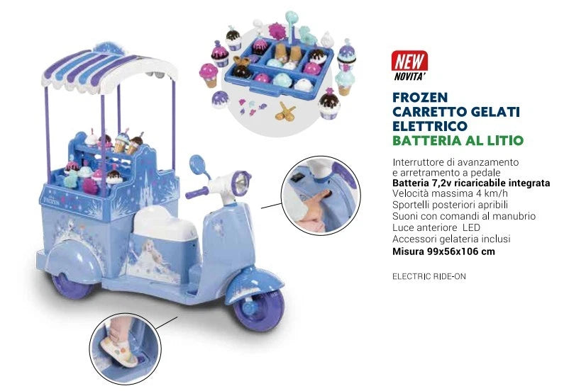 vespa elettrica bambini carretto gelati frozen batteria 7,2 V 3-7 anni luce suoni