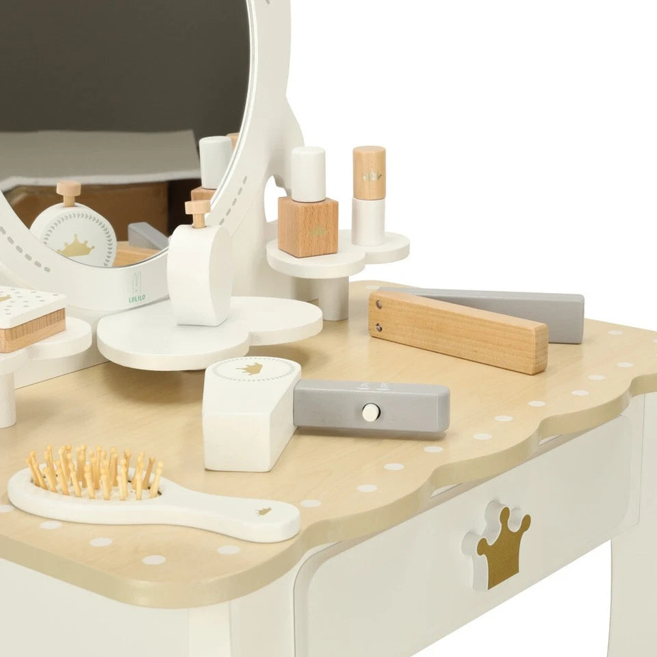 Specchiera giocattolo in legno specchio per bambine con accessori e sgabello