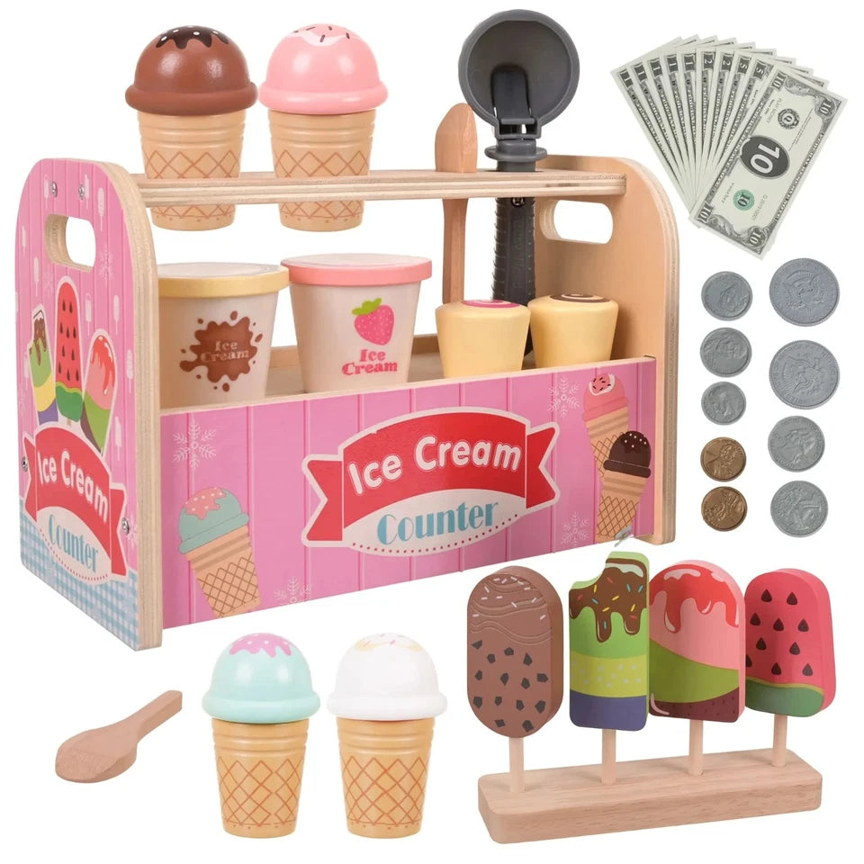 giocattolo in legno "la mia gelateria" set gioco gelati con accessori e dolci