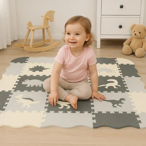 TAPPETO PUZZLE DINOSAURI GRANDE IN GOMMA PER BAMBINI SET 25 PEZZI TOT CM.106X106