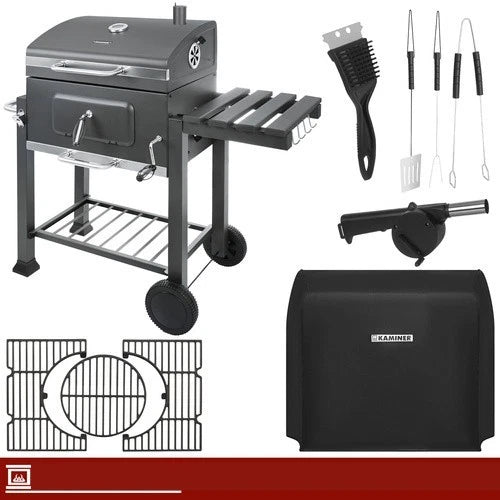 bbq barbecue carbone carbonella griglia ghisa + coperchio soffiatore accessori