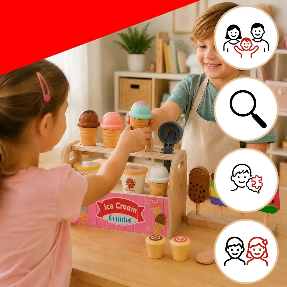 giocattolo in legno "la mia gelateria" set gioco gelati con accessori e dolci