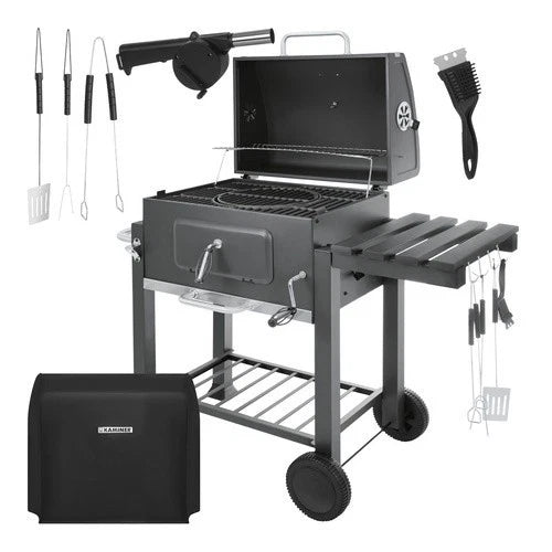 bbq barbecue carbone carbonella griglia ghisa + coperchio soffiatore accessori