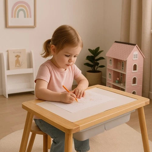 TAVOLO PER BAMBINI In LEGNO + 1 SEDIA TAVOLINO GIOCO STUDIO LAVAGNA CONTENITORI