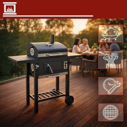 bbq barbecue a carbone carbonella griglie in ghisa + coperchio, termometro, soffiatore e tanti accessori