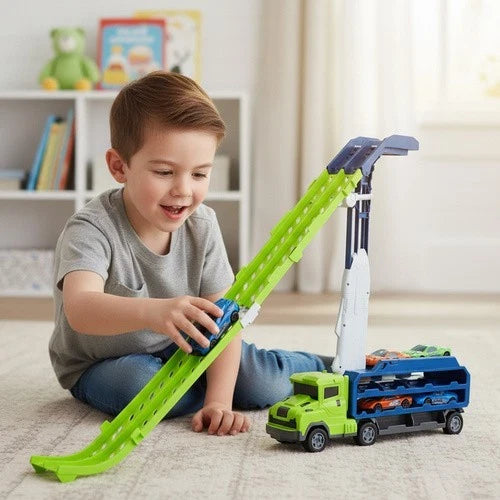 Camion giocattolo bambini con 6 auto in metallo a retrocarica pista garage gioco