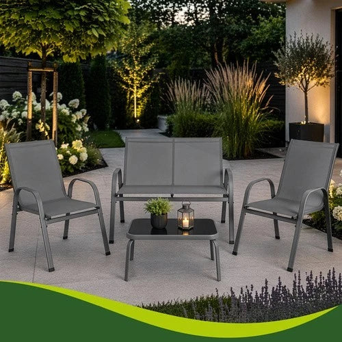 SET mobili DA GIARDINO TERRAZZO 4 POSTI sedie tavolo panca divano in acciaio