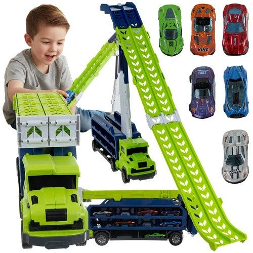 Camion giocattolo bambini con 6 auto in metallo a retrocarica pista garage gioco