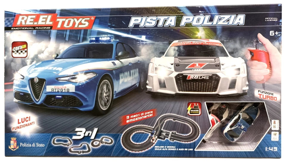 Pista elettrica 3 metri pista auto della polizia con alimentatore 2 telecomandi 2 auto con luci