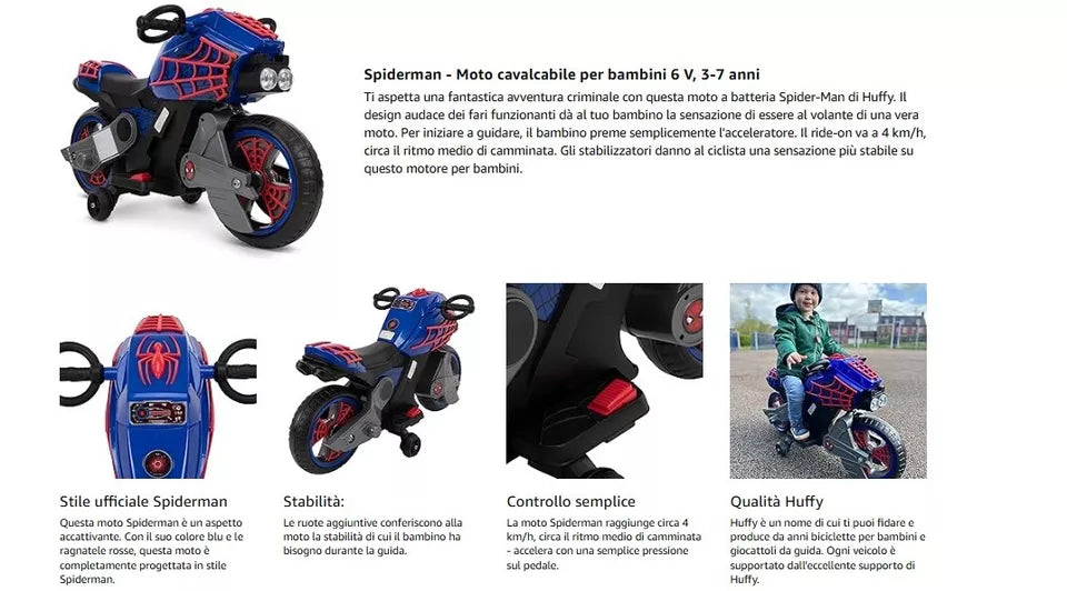 moto elettrica per bambini spiderman uomo ragno batteria litio 6V 3-7 anni