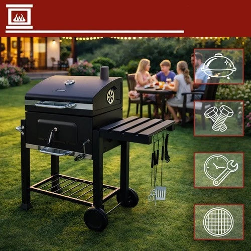 bbq barbecue carbone carbonella griglia ghisa + coperchio soffiatore accessori