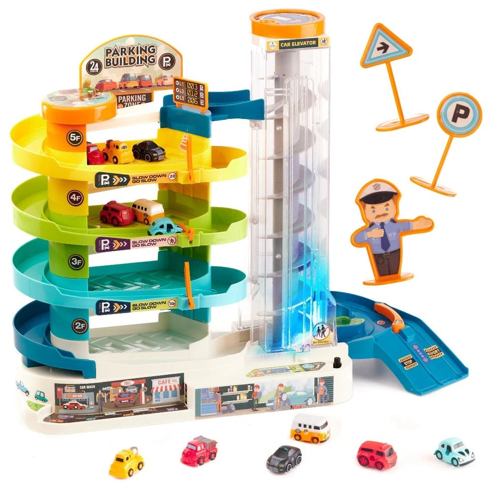 Grande Garage 4 piani set gioco garage pista macchine per bambini con 6 veicoli