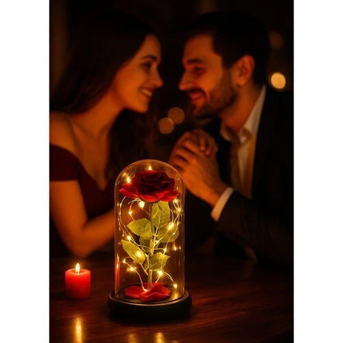 Rosa Eterna luci led Bella La Bestia Rosa Stabilizzata In Vetro + scatola regalo