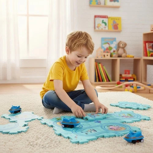 TAPPETO PUZZLE GRANDE 60x45 cm con pista , macchine a batteria e cartelli strada