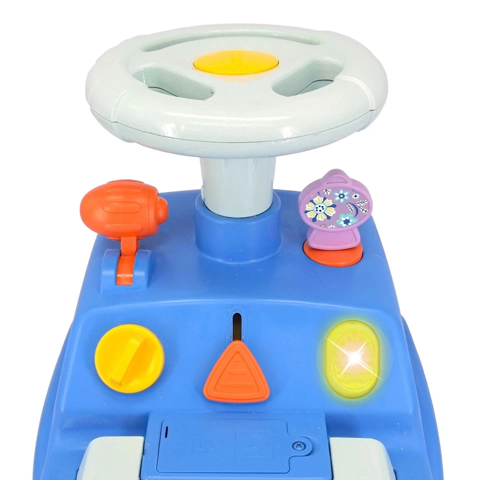 Ride on bambini disney stitch auto a spinta cavalcabile con rimorchio paletta secchiello mare
