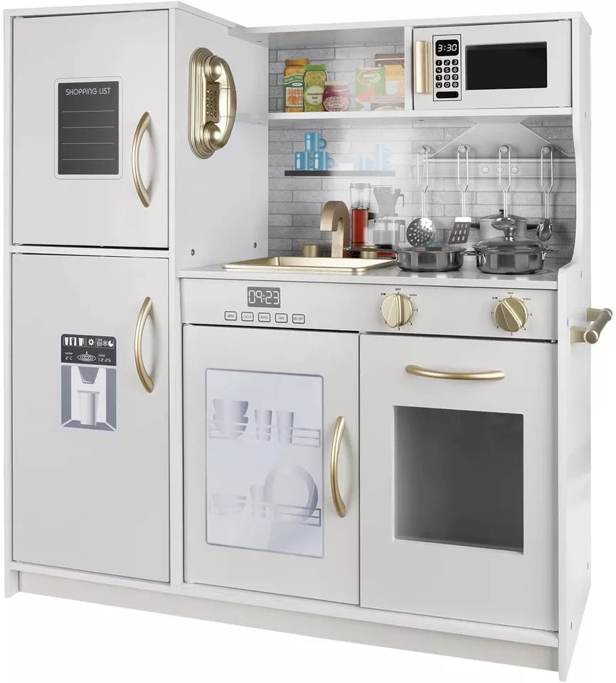 CUCINA PER BAMBINI IN LEGNO BIANCO CUCINA GRANDE con FRIGO FORNO pentole e luci