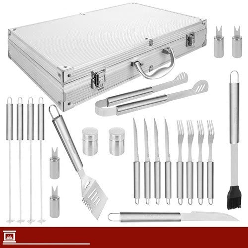 Set Accessori Barbecue 26 Pezzi in Acciaio inox- Valigetta Portatile Kit griglia