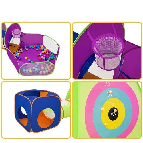 Tenda da gioco 5 in 1 Area gioco interni esterni per bambini pop-up + tunnel, casetta, palline canestro bersaglio
