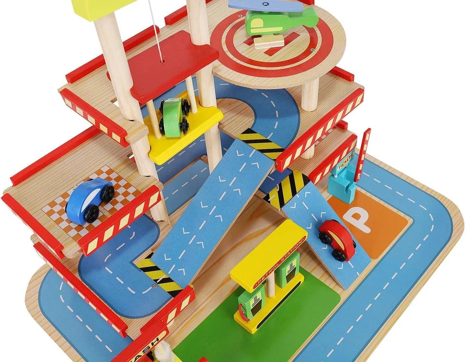 Box Garage in legno 3 piani set gioco garage pista macchine per bambini +veicoli