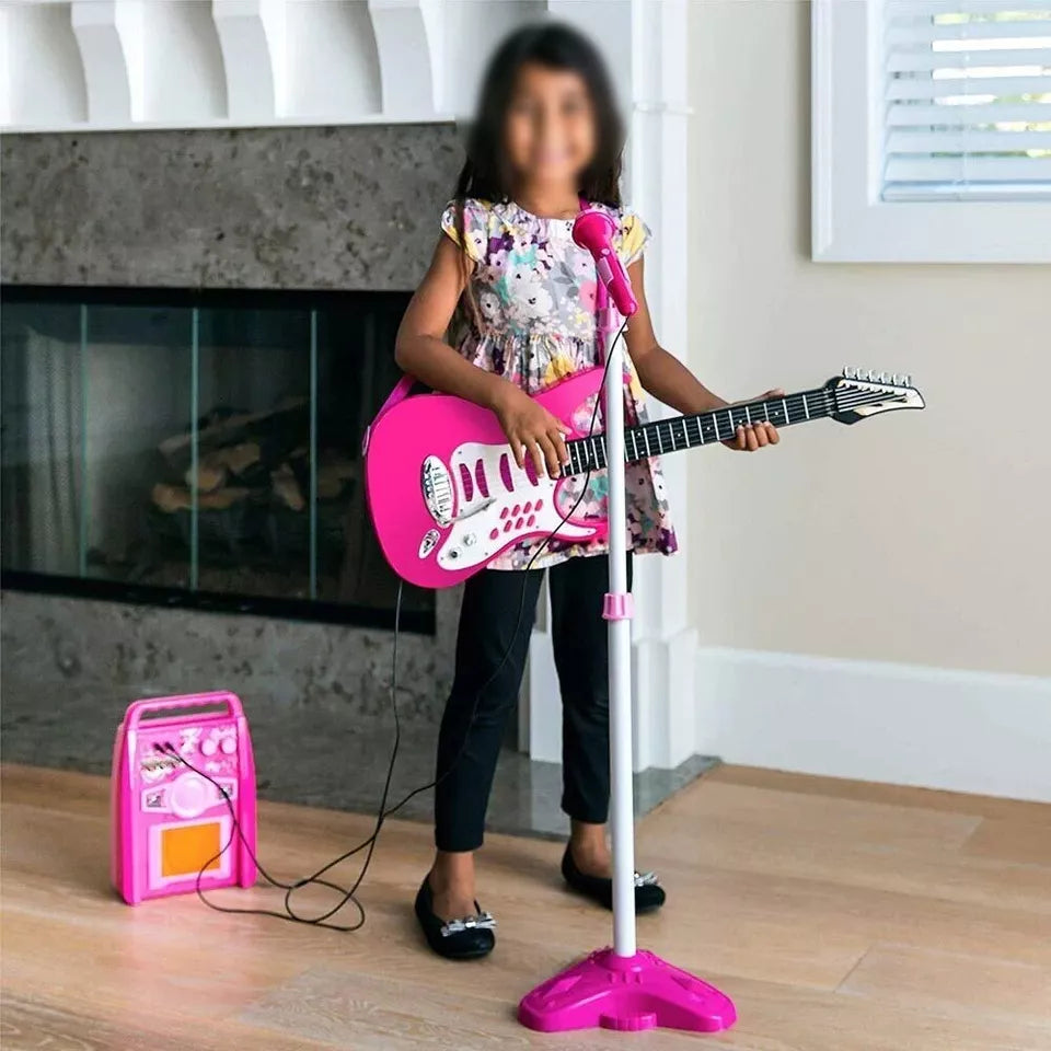 chitarra elettrica rosa set karaoke per bambina con asta microfono amplificatore