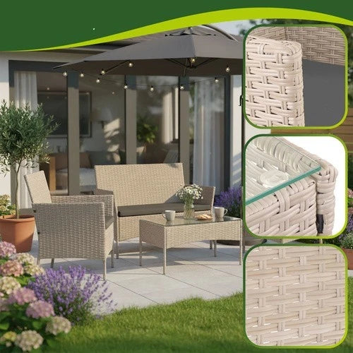 SET DA GIARDINO TERRAZZO 4 POSTI IN ECORATTAN- VARI COLORI- CON CUSCINI