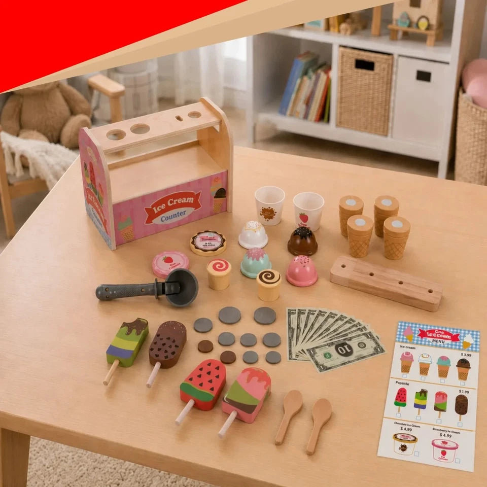 giocattolo in legno "la mia gelateria" set gioco gelati con accessori e dolci