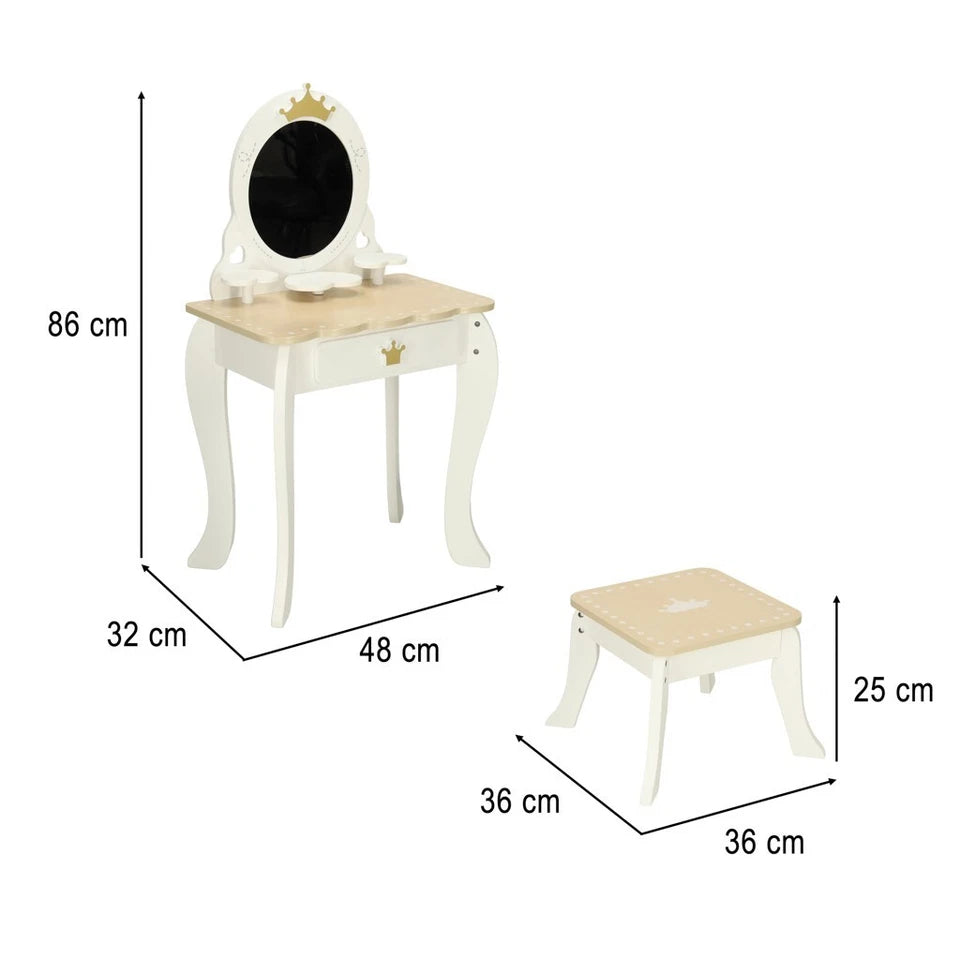 Specchiera giocattolo in legno specchio per bambine con accessori e sgabello