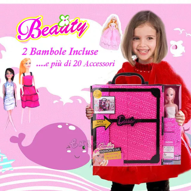 Armadio vestiti per bambole + accessori Scarpe Borse Specchio 2 bambole incluse