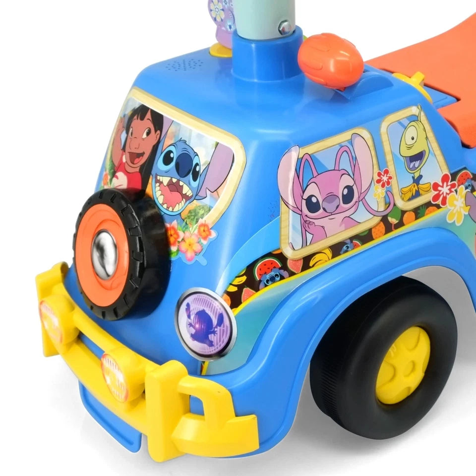Ride on bambini disney stitch auto a spinta cavalcabile con rimorchio paletta secchiello mare