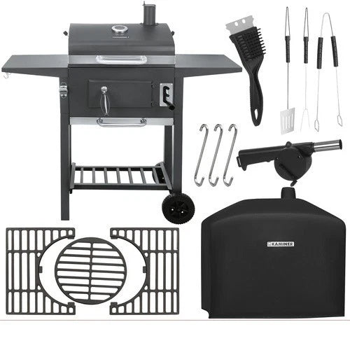 bbq barbecue a carbone carbonella griglie in ghisa + coperchio, termometro, soffiatore e tanti accessori