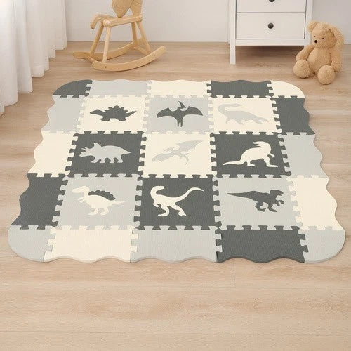 TAPPETO PUZZLE DINOSAURI GRANDE IN GOMMA PER BAMBINI SET 25 PEZZI TOT CM.106X106