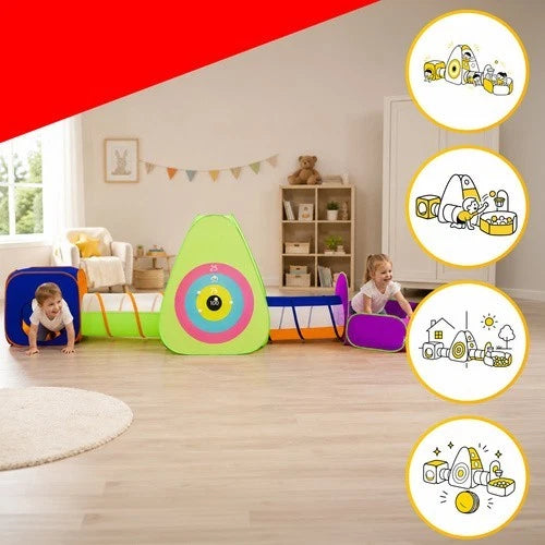 Tenda da gioco 5 in 1 Area gioco interni esterni per bambini pop-up + tunnel, casetta, palline canestro bersaglio