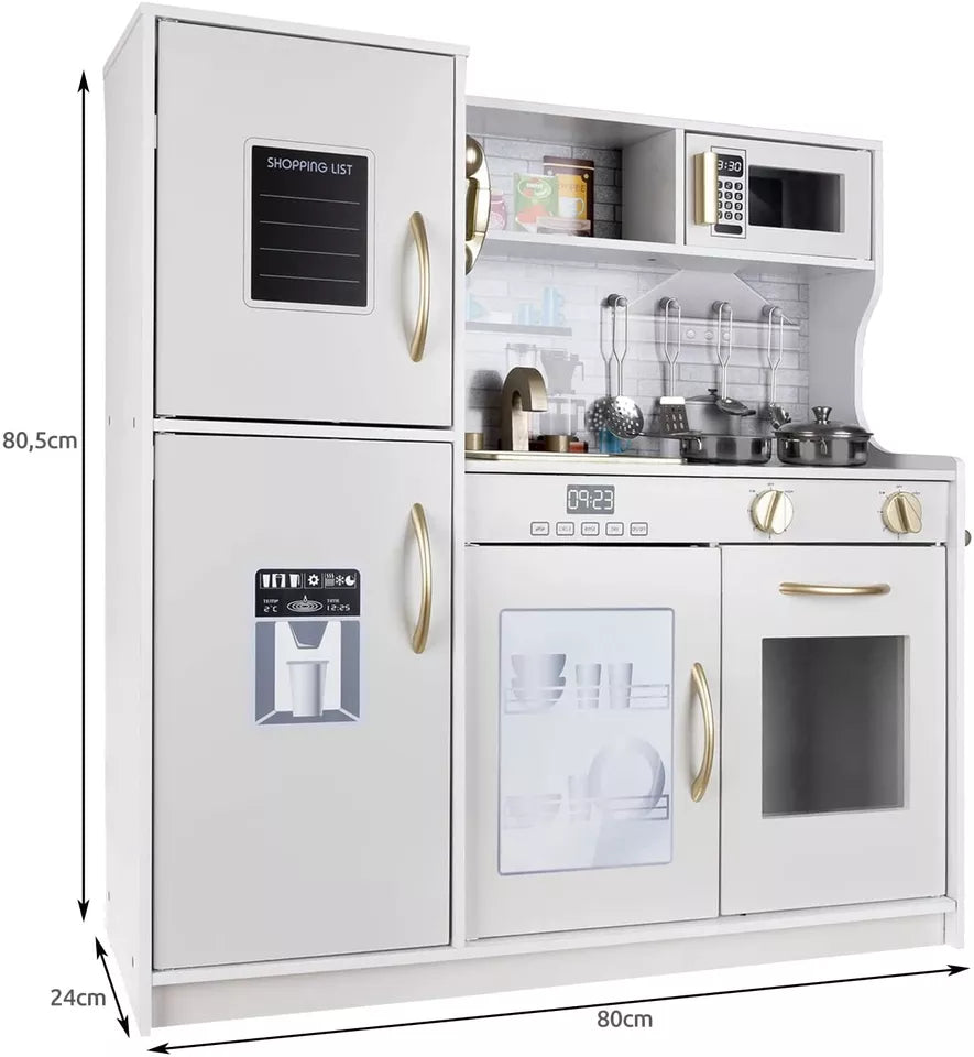 CUCINA PER BAMBINI IN LEGNO BIANCO CUCINA GRANDE con FRIGO FORNO pentole e luci