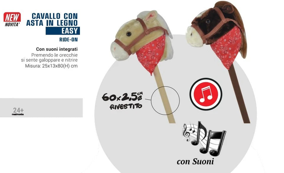 BASTONE CAVALLO A DONDOLO IN LEGNO E PELUCHE CON SUONI altezza 80 cm
