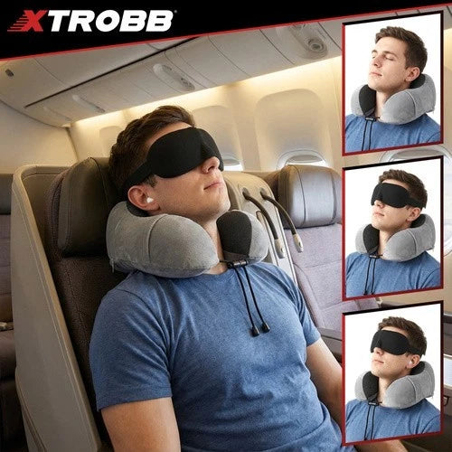 cuscino da viaggio set aereo auto treno con poggiatesta mascherina e tappi orecchie