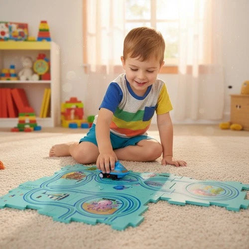 TAPPETO PUZZLE GRANDE 60x45 cm con pista , macchine a batteria e cartelli strada