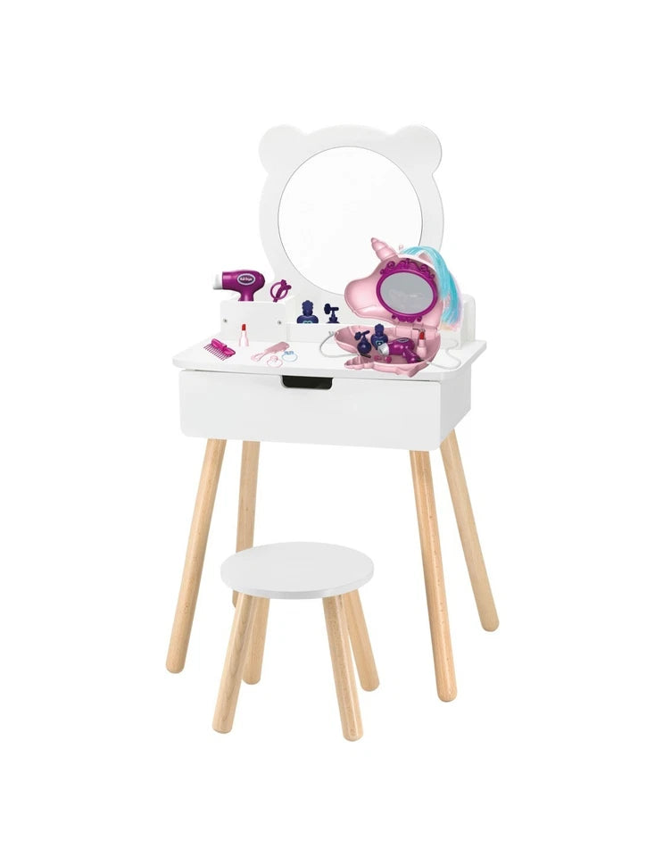 specchiera giocattolo specchio tavolo da trucco e accessori unicorno per bambine in legno