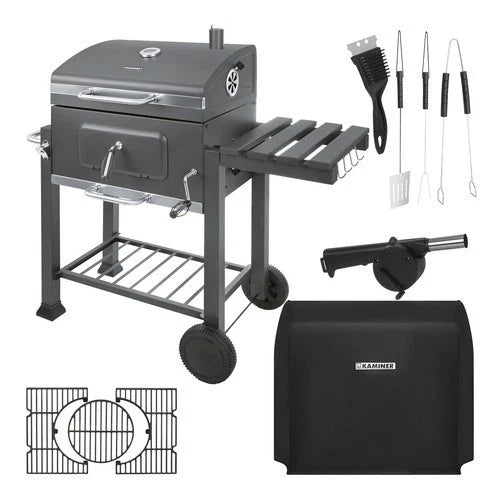bbq barbecue carbone carbonella griglia ghisa + coperchio soffiatore accessori