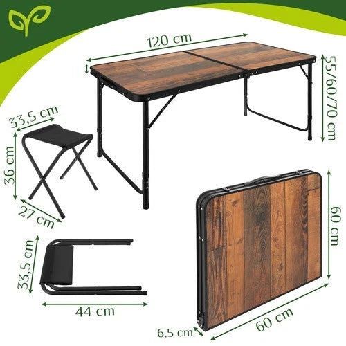 Tavolo campeggio pic nic+ 4 sgabelli richiudibile a valigetta altezza regolabile
