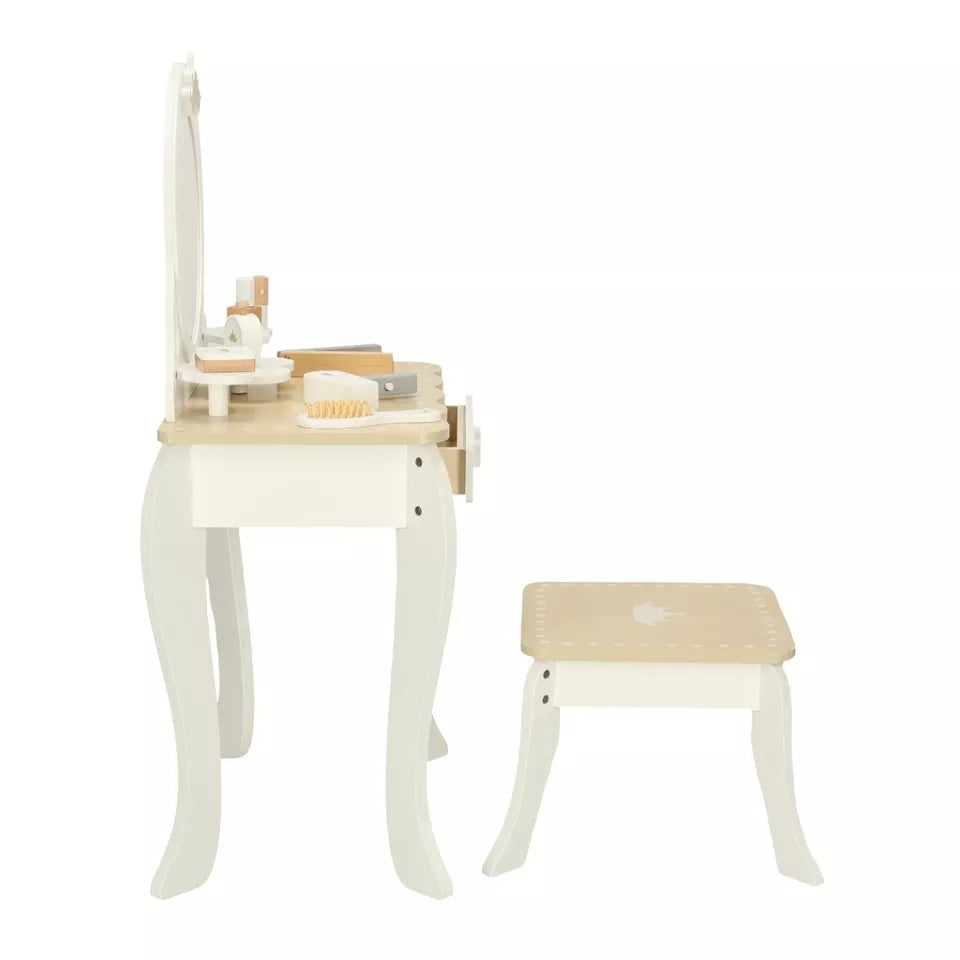 Specchiera giocattolo in legno specchio per bambine con accessori e sgabello