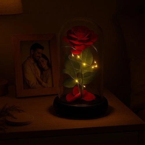 Rosa Eterna luci led Bella La Bestia Rosa Stabilizzata In Vetro + scatola regalo