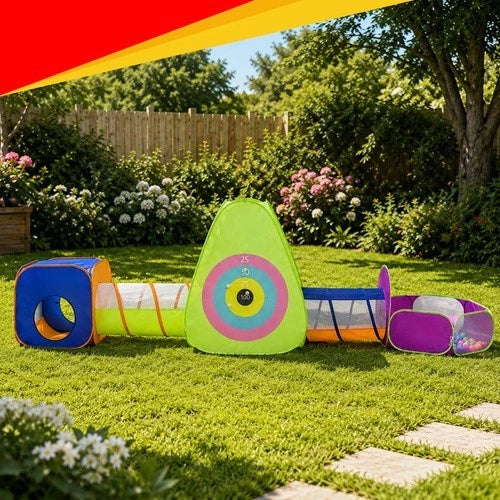 Tenda da gioco 5 in 1 Area gioco interni esterni per bambini pop-up + tunnel, casetta, palline canestro bersaglio