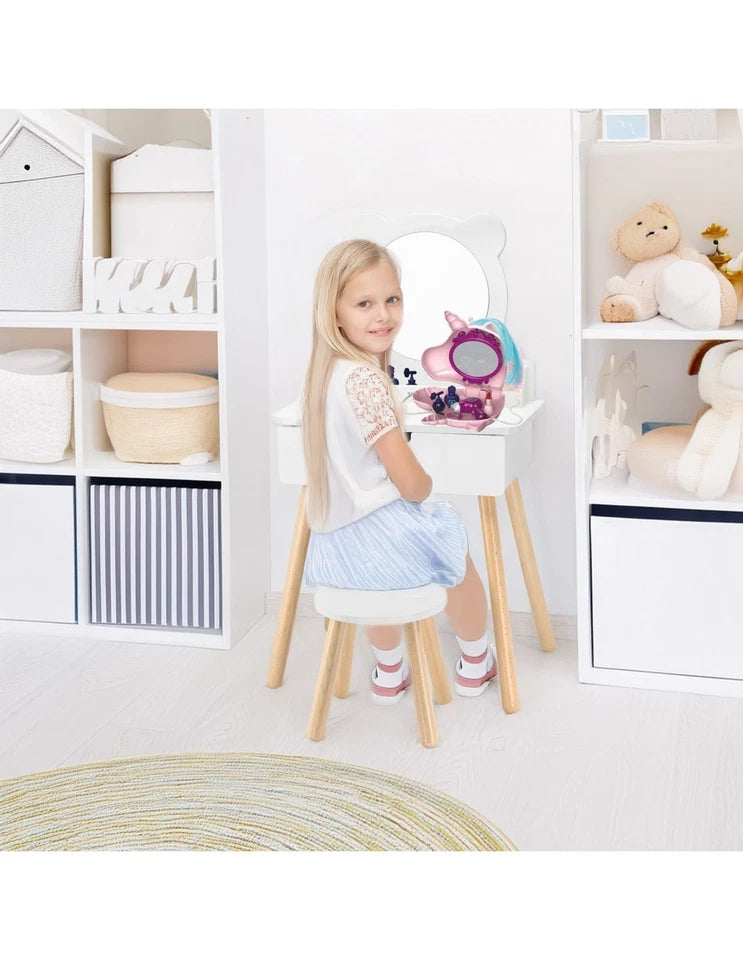 specchiera giocattolo specchio tavolo da trucco e accessori unicorno per bambine in legno